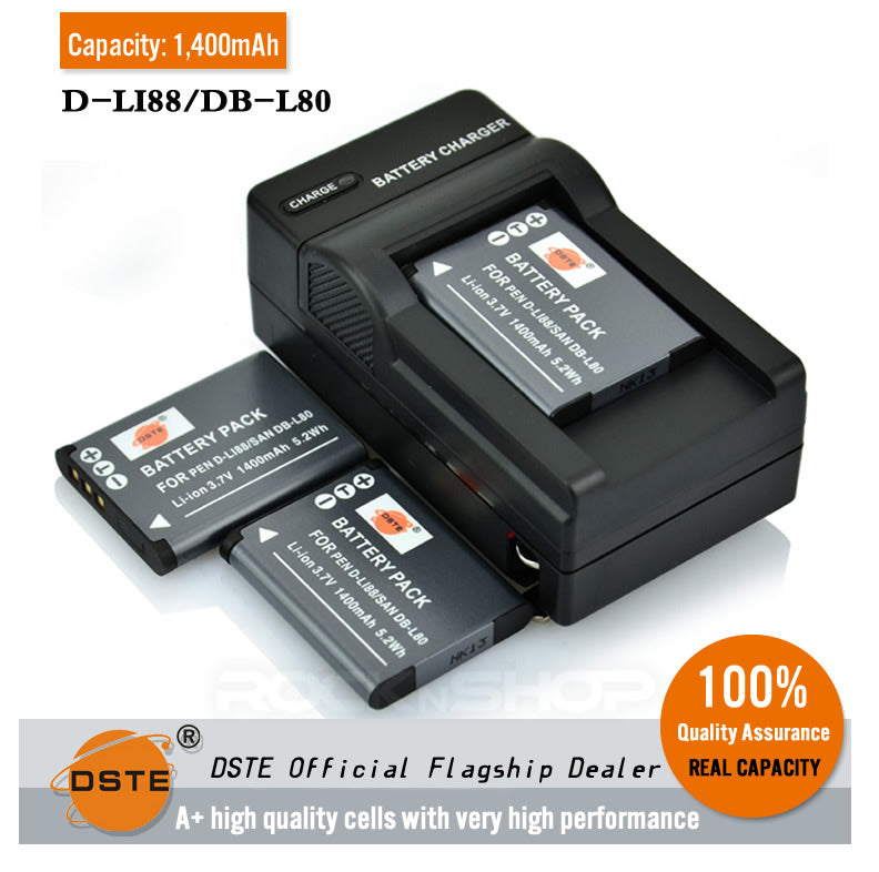 DSTE D-LI88 DB-L80 1400mAh Battery and Charger for Pentax W90 H90 P80 WS80